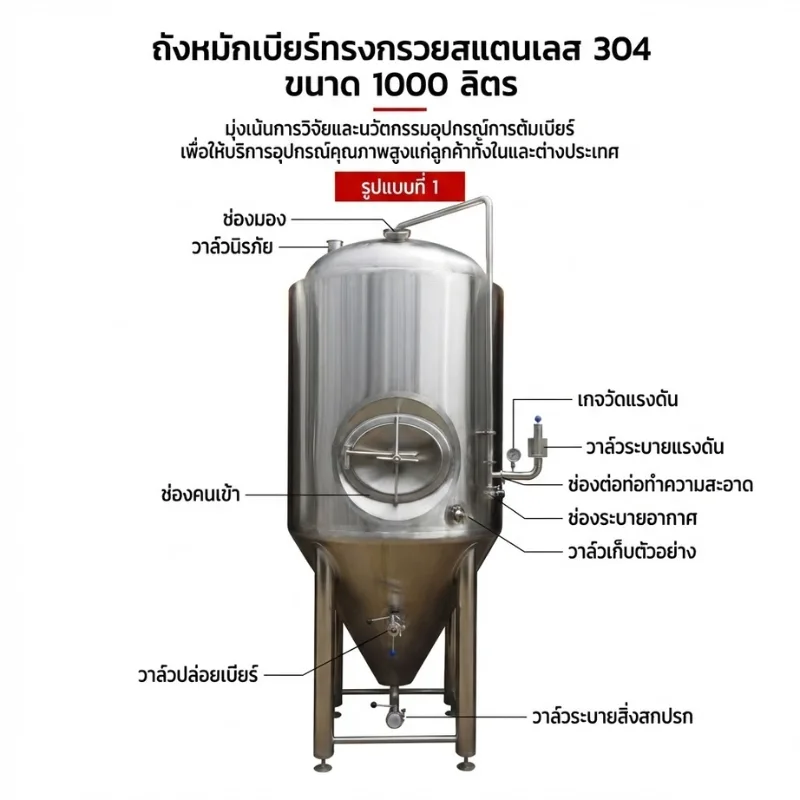 ถังหมักเบียร์สแตนเลส 304 ทรงกรวย ขนาด 1,000 ลิตร (1 ตัน