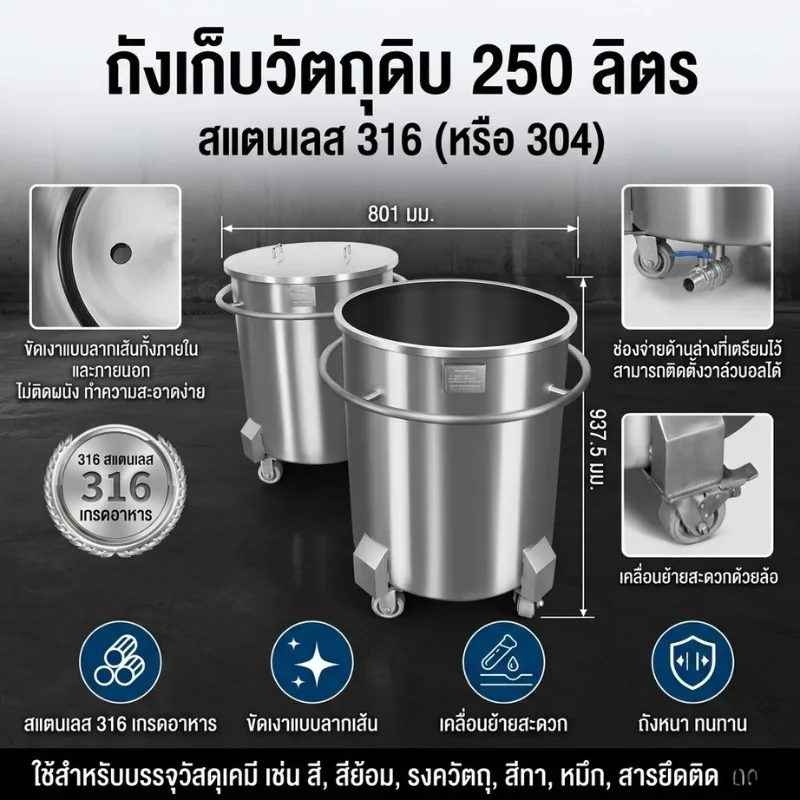 ถังเก็บวัตถุดิบสแตนเลส 250 ลิตร