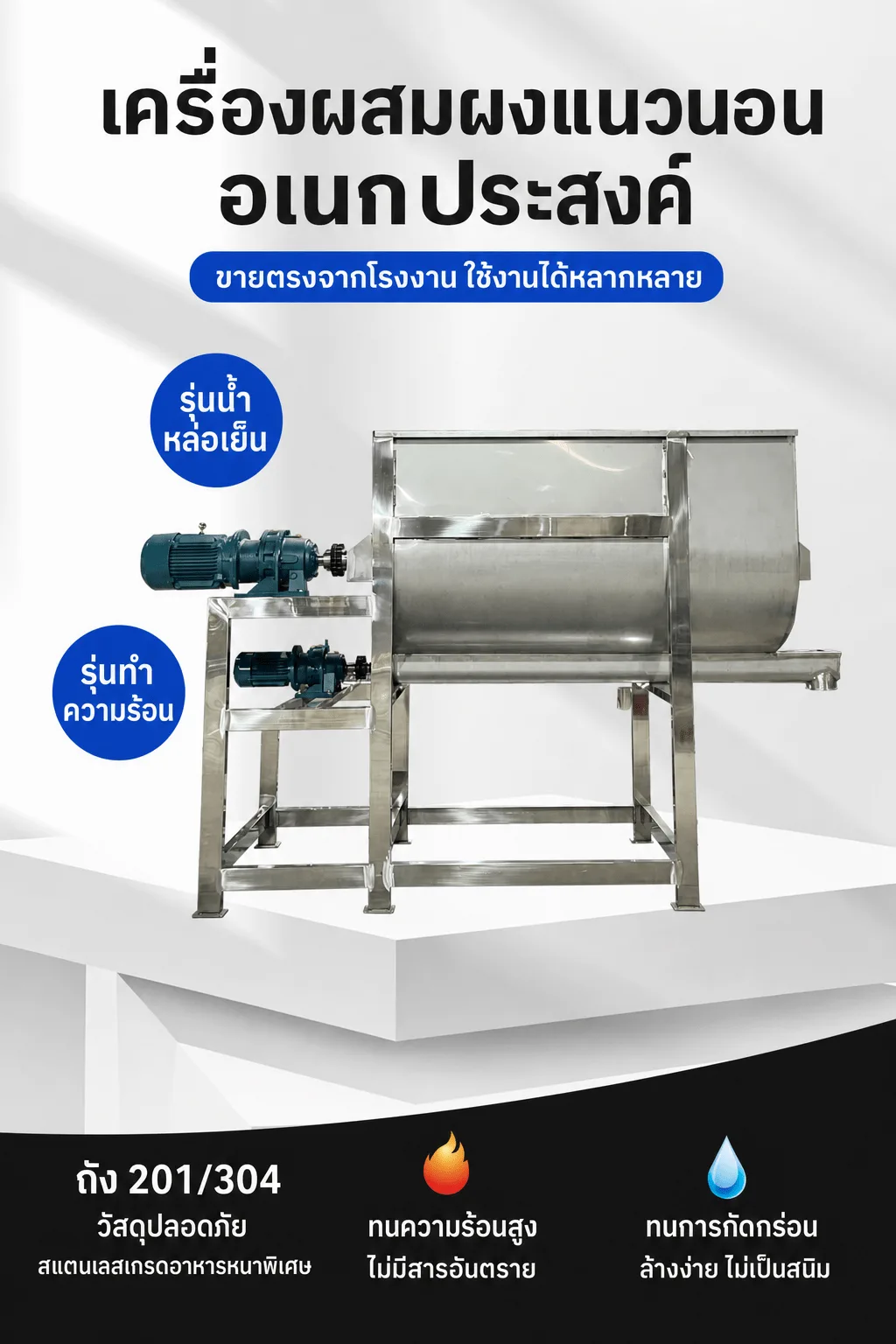เครื่องผสมผงแนวนอน ใบกวนเกลียวคู่ สแตนเลสเกรดอาหาร 100-2,000 ลิตร รุ่น UHM-100 ถึง UHM-2000