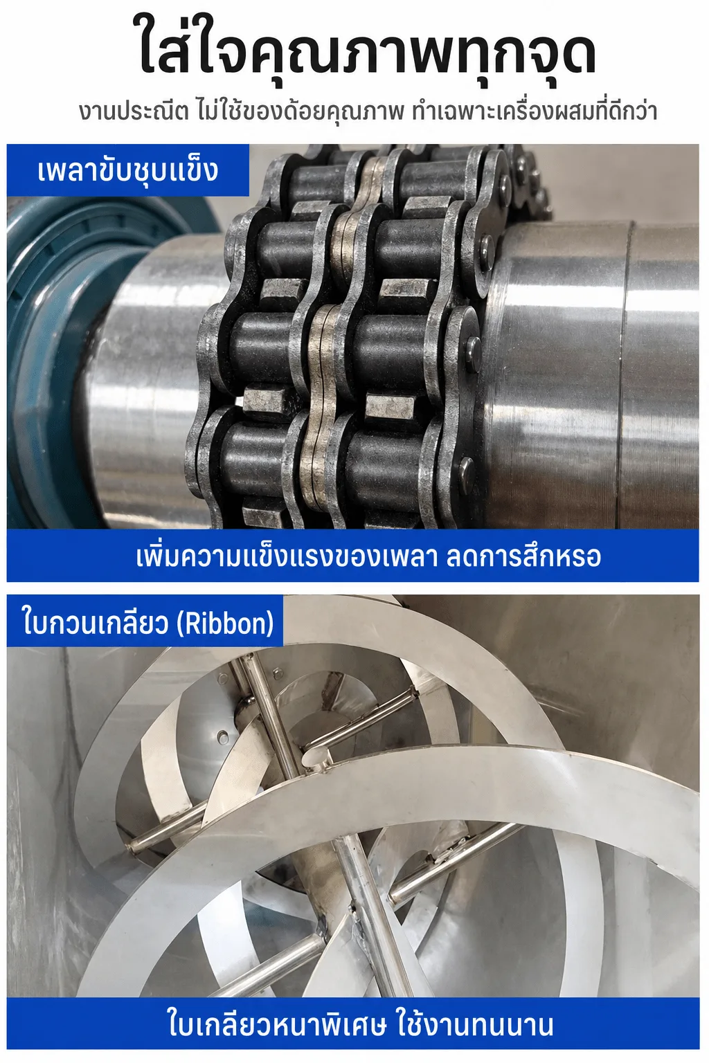 เครื่องผสมผงแนวนอน ใบกวนเกลียวคู่ สแตนเลสเกรดอาหาร 100-2,000 ลิตร รุ่น UHM-100 ถึง UHM-2000