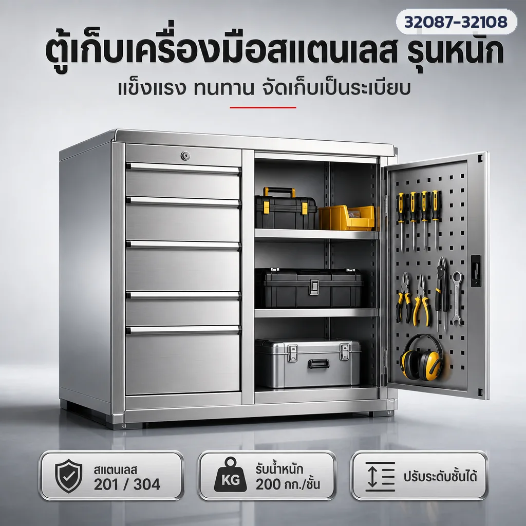 ตู้เก็บเครื่องมือสแตนเลส รุ่นหนัก 201/304 รับน้ำหนัก 200 กก./ชั้น เลือกได้ 22 แบบ