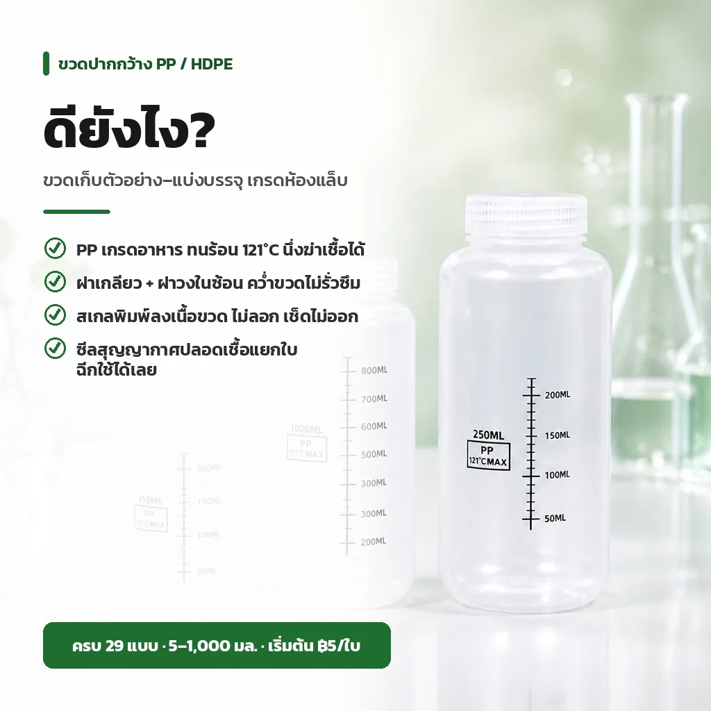 32347 ขวดปากกว้าง PP / HDPE ทนร้อน 121°C (รหัส WMB-C005 ถึง WMB-N1000)