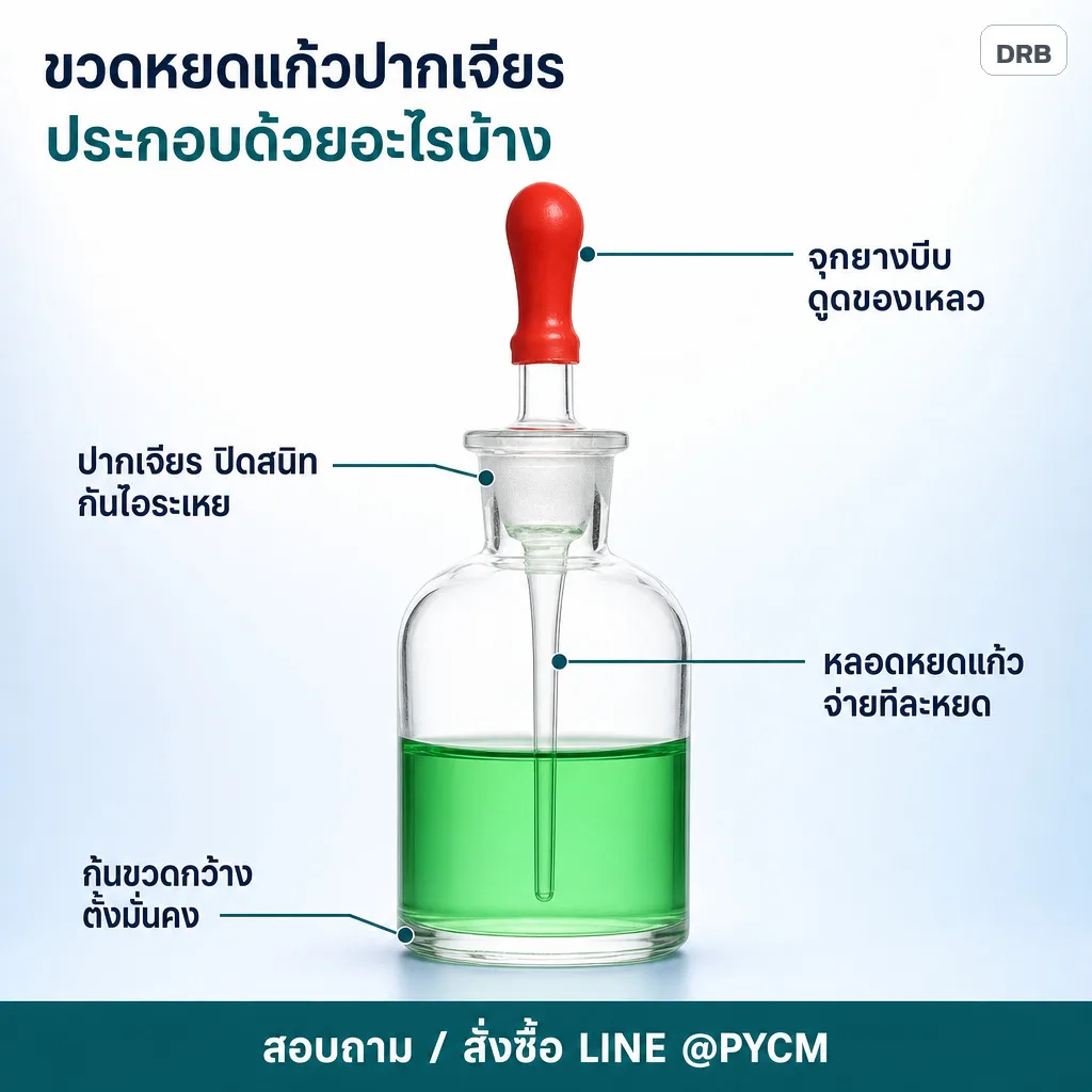 32624 ขวดหยดแก้วปากเจียร ใส / สีชา 30-250 มล. พร้อมหลอดหยดจุกยางแดง