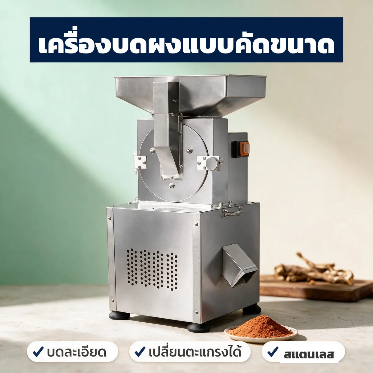 DX เครื่องบดผงสมุนไพร แบบคัดขนาด เปลี่ยนตะแกรงได้ 60-200 เมช ตัวถังสแตนเลส