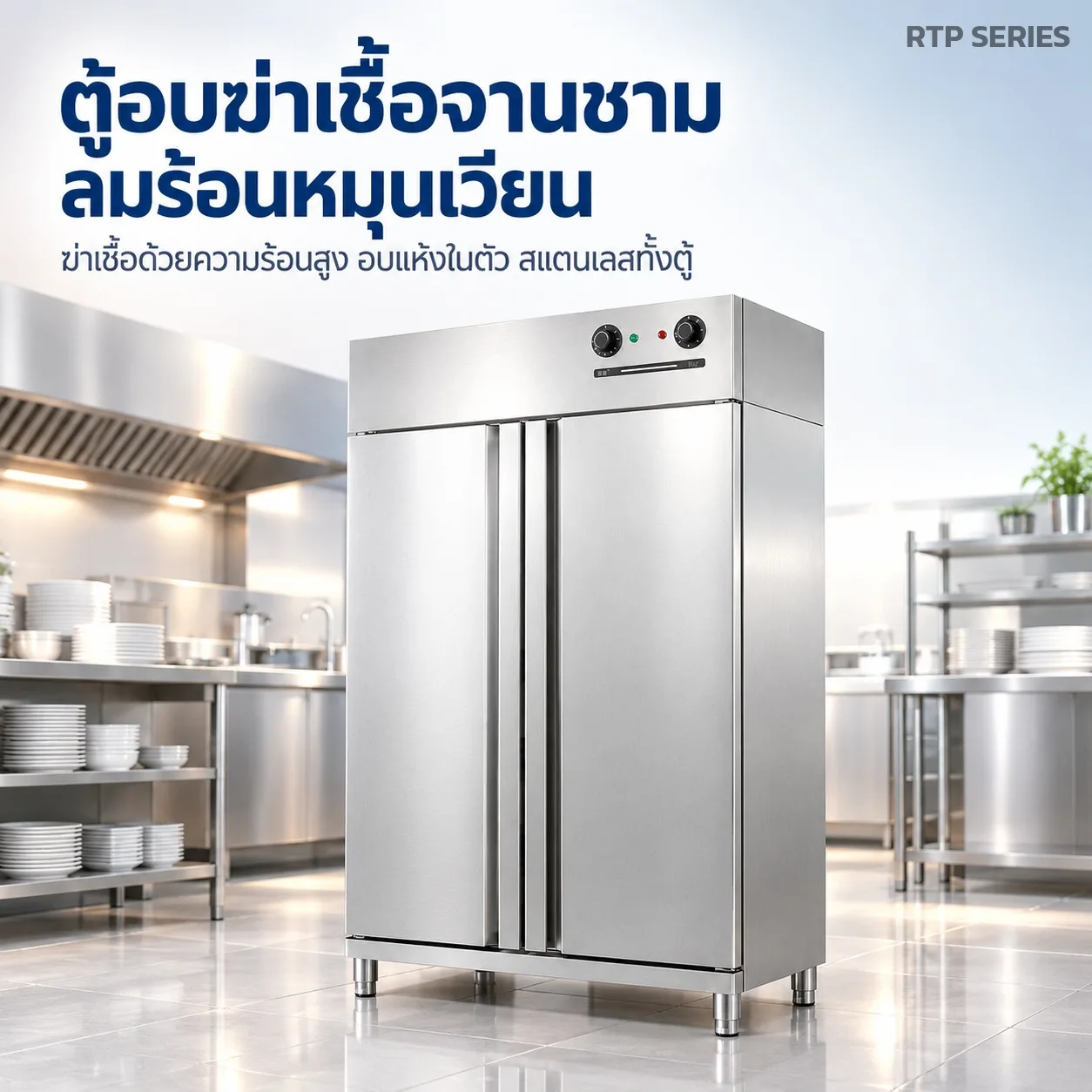 RTP ตู้อบฆ่าเชื้อจานชาม ลมร้อนหมุนเวียน อุณหภูมิสูง สแตนเลส ประตูเดี่ยว / 2 ประตู / 3 ประตู / แบบรถเข็น