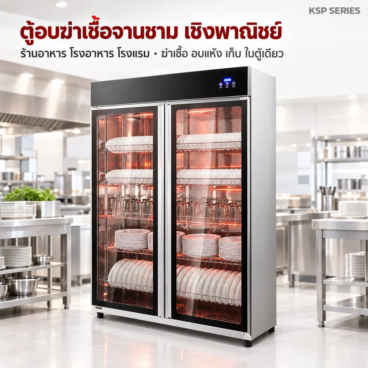 KSP ตู้อบฆ่าเชื้อจานชาม เชิงพาณิชย์ อินฟราเรด 75°C + โอโซน อบแห้งลมร้อน สแตนเลส ประตูกระจก
