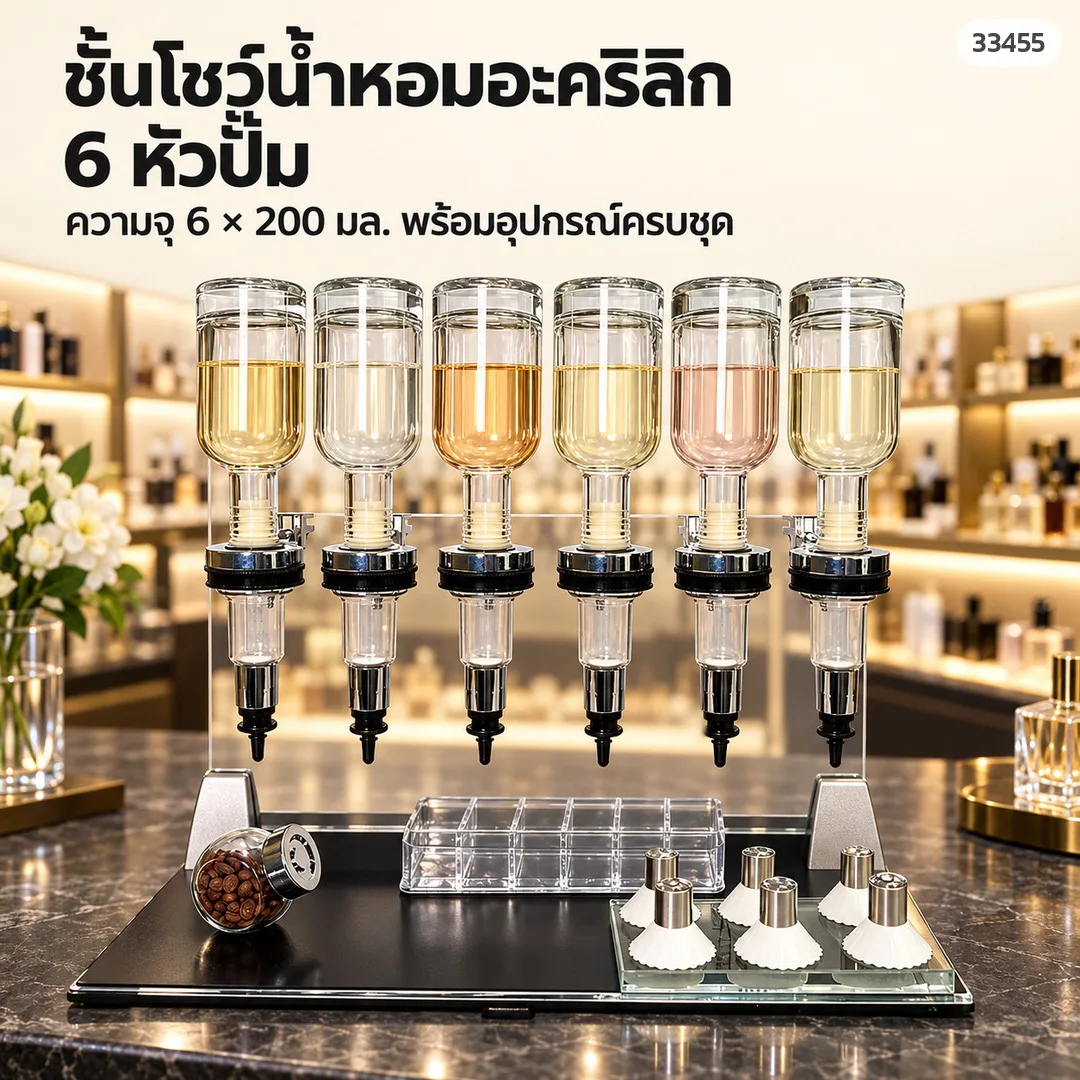 33455 ชั้นโชว์น้ำหอมอะคริลิก แท่นจ่ายน้ำหอมแบ่งขาย ขวดแก้ว 200 มล. หัวปั๊มมีขีดบอกปริมาณ