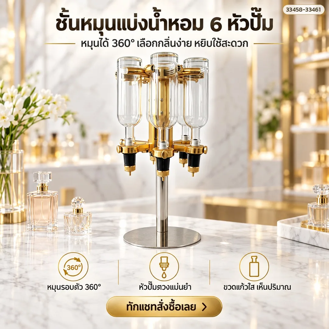 33458 ชั้นหมุนแบ่งน้ำหอม 6 หัวปั๊ม สีทอง หมุนได้ 360° ขวด 375 / 500 มล. และหัวปั๊มเดี่ยวติดผนัง