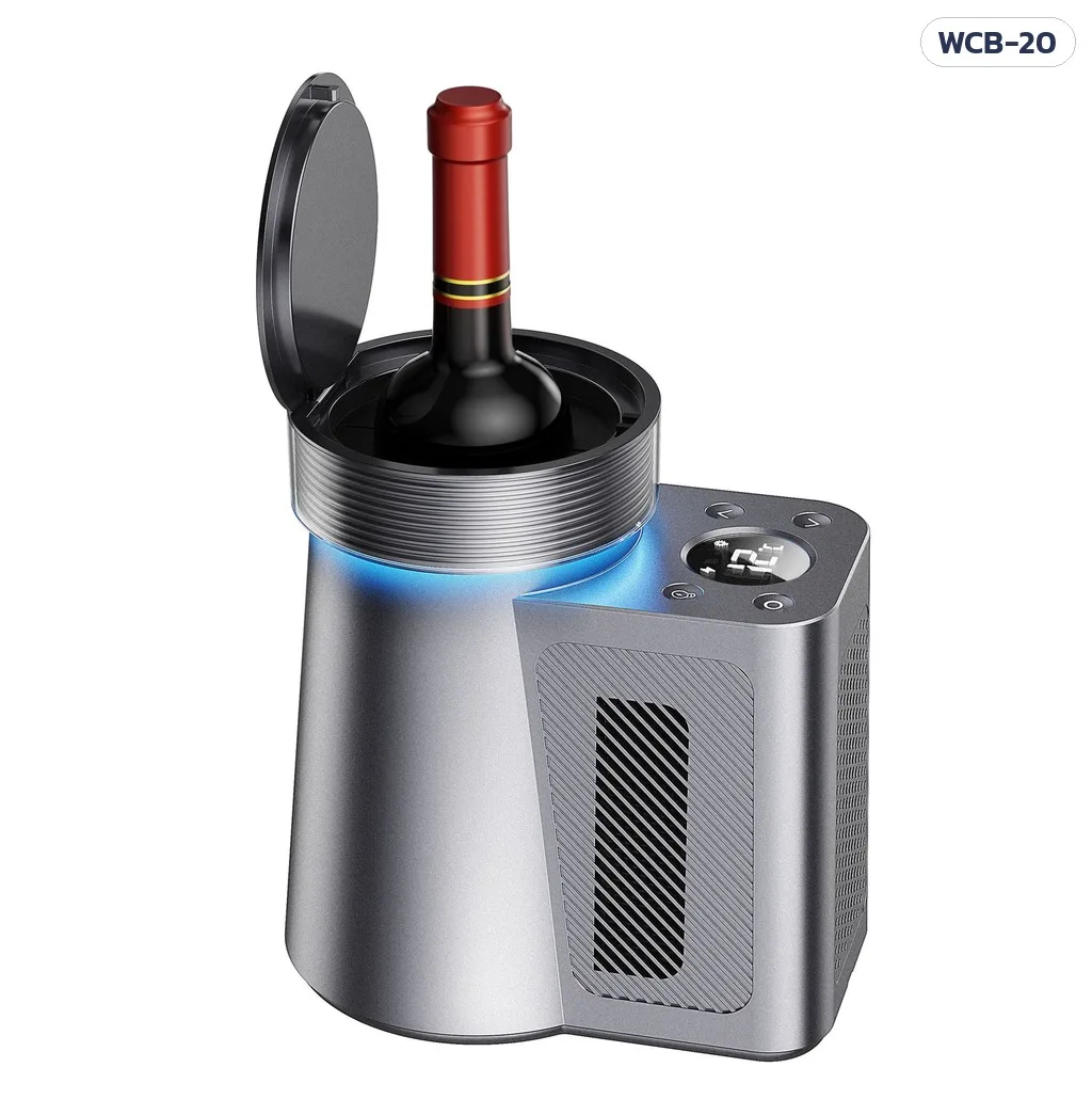 34067 เครื่องทำเย็นขวดตั้งโต๊ะ WCB-20 ทีละขวด ฝาเปิดอัตโนมัติ ตั้ง 2–20°C ไม่ต้องใช้น้ำแข็ง 2 สี เงิน / ดำ
