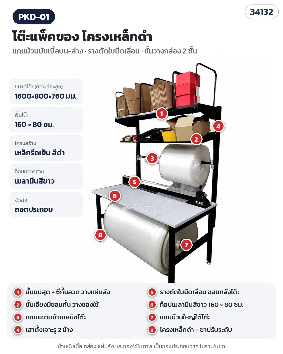 34132 โต๊ะแพ็คของ โต๊ะบรรจุพัสดุ 160×80 ซม. โครงเหล็กดำ แกนม้วนบับเบิ้ลบน-ล่าง รางตัดใบมีดเลื่อน รุ่น PKD-01