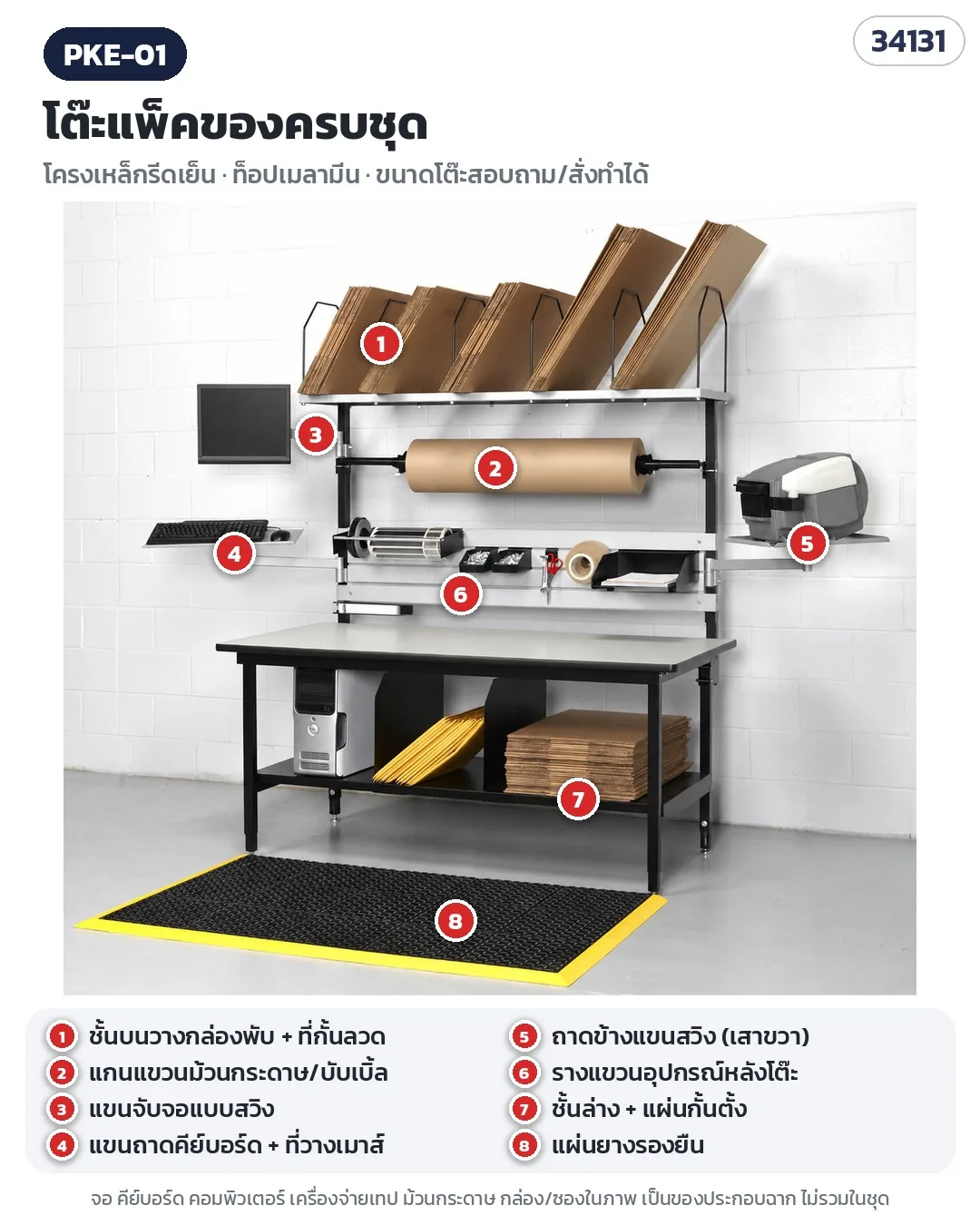 34131 โต๊ะแพ็คของครบชุด ชั้นวางกล่อง แกนม้วนกระดาษ แขนจอ ถาดคีย์บอร์ด ถาดข้าง แผ่นยางรองยืน รุ่น PKE-01
