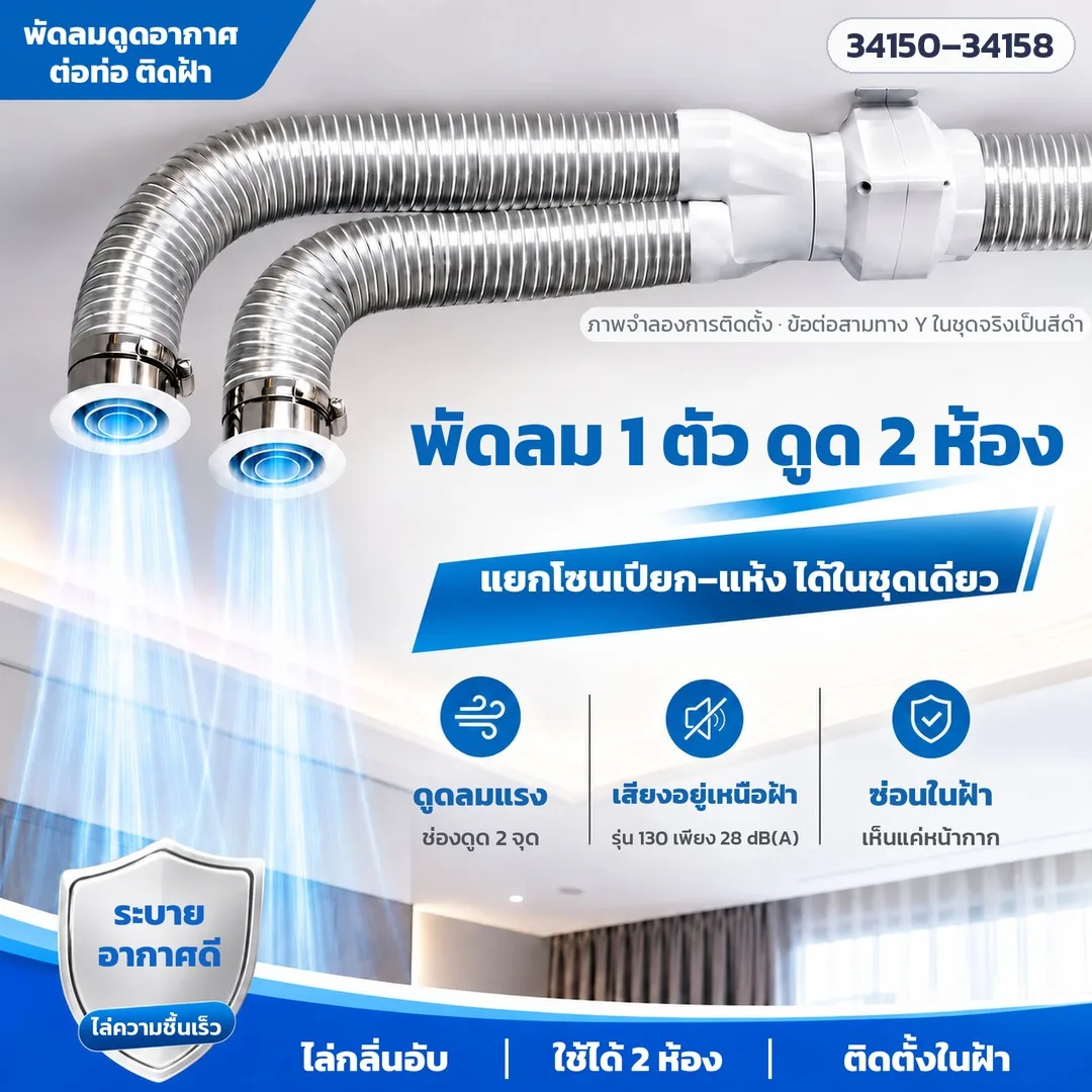 34151 พัดลมดูดอากาศต่อท่อ ติดฝ้า ห้องน้ำ 1 ตัวใช้ได้ 1–2 ห้อง แรงลม 130/170/255 ลบ.ม./ชม. ไฟบ้าน 220V ชุดพร้อมท่ออ่อนและหน้ากาก 9 แบบ
