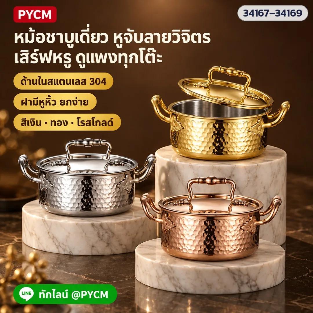 34167 หม้อชาบูเดี่ยว 16 ซม. หม้อสุกี้ 1 คน 1 หม้อ สแตนเลส ผิวเงาฝาแก้ว/ลายค้อนฝาโดม/ลายค้อนหูวิจิตร สีเงิน ทอง โรสโกลด์ 7 แบบ
