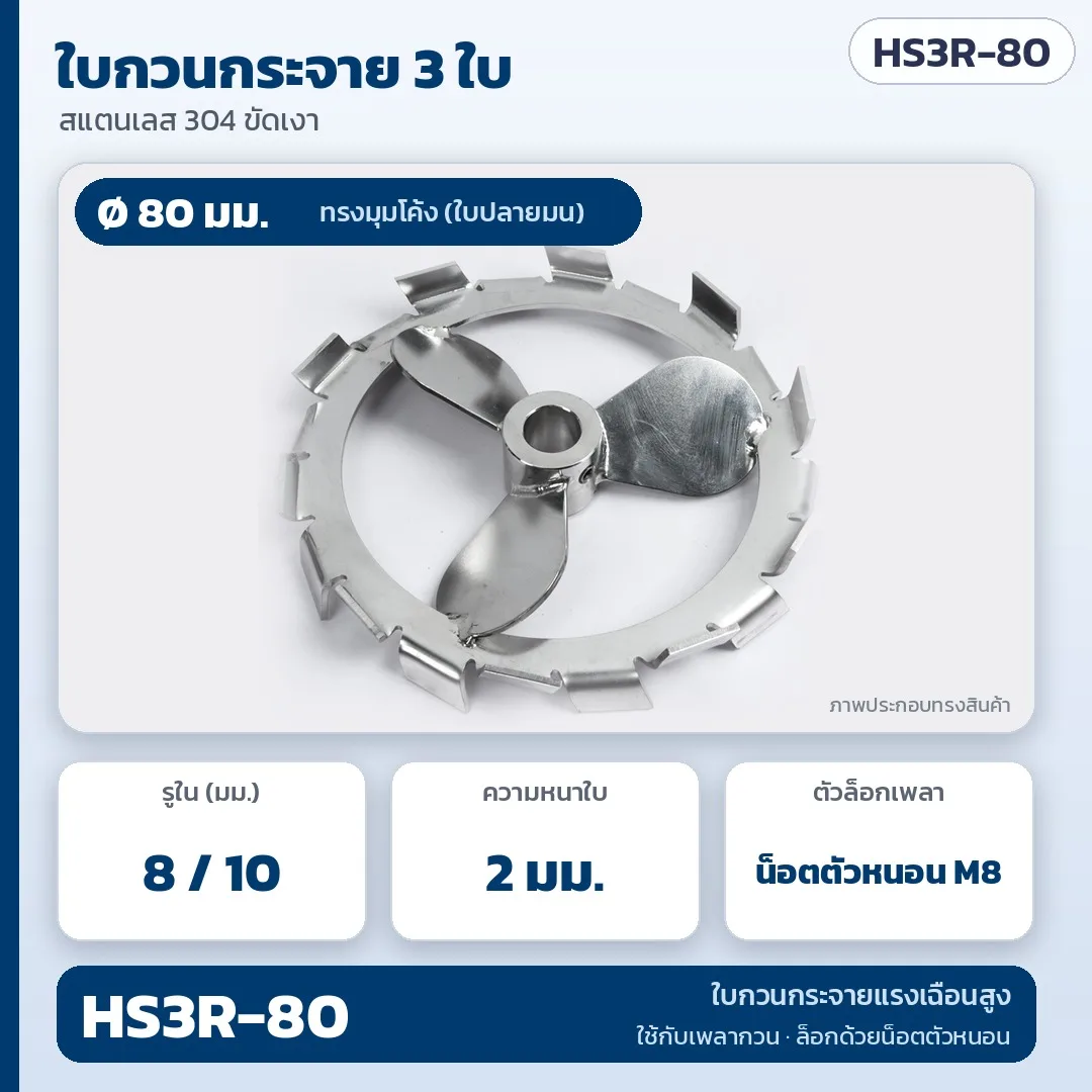 34601 ใบกวนกระจายสาร 3 ใบ (ใบพัด 3 ใบ + จานกระจายวงแหวนในตัว) สแตนเลส 304 ขัดเงา ทรงมุมโค้ง HS3R / ทรงมุมฉาก HS3S Ø80–350 มม.