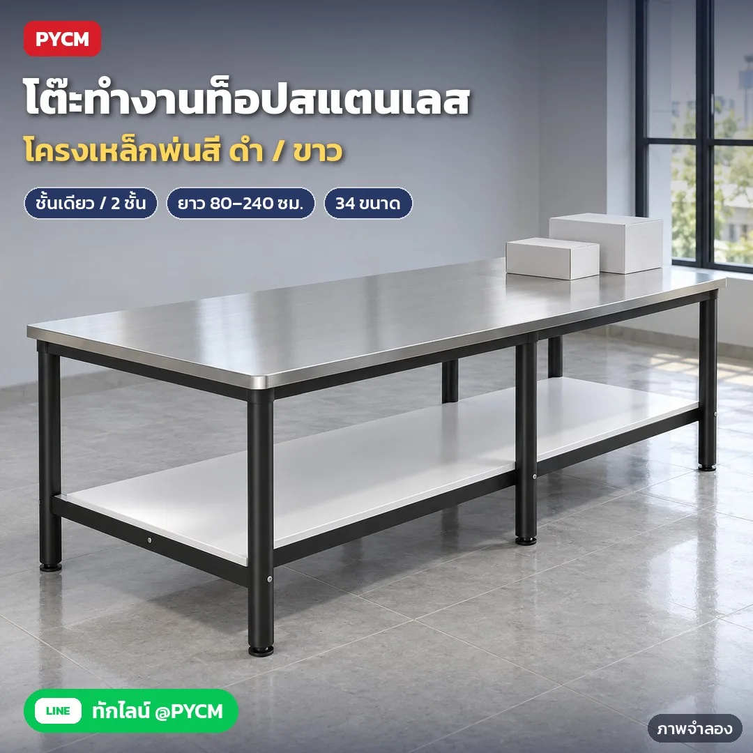 34773 โต๊ะทำงานท็อปสแตนเลส โครงเหล็กพ่นสีขาว/ดำ ชั้นเดียว / 2 ชั้น 34 ขนาด ยาว 80–240 ซม. รุ่น SWT