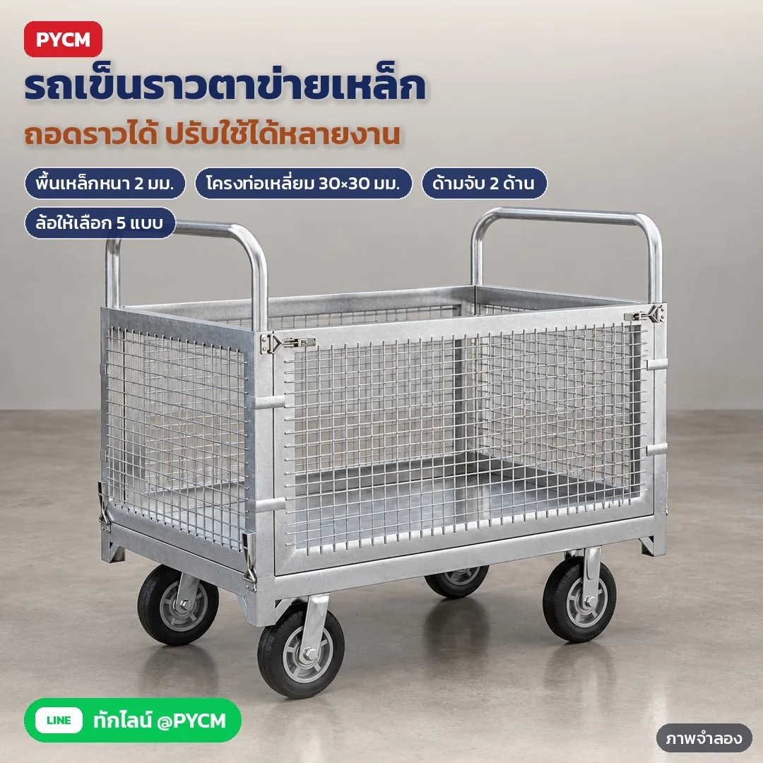 รถเข็นราวตาข่ายเหล็ก รถเข็นกรงเหล็ก ถอดประกอบได้ ทำแผงขายของ 2 ชั้นได้ 90×60 ถึง 150×100 ซม. ล้อ 5–8 นิ้ว รุ่น MFC