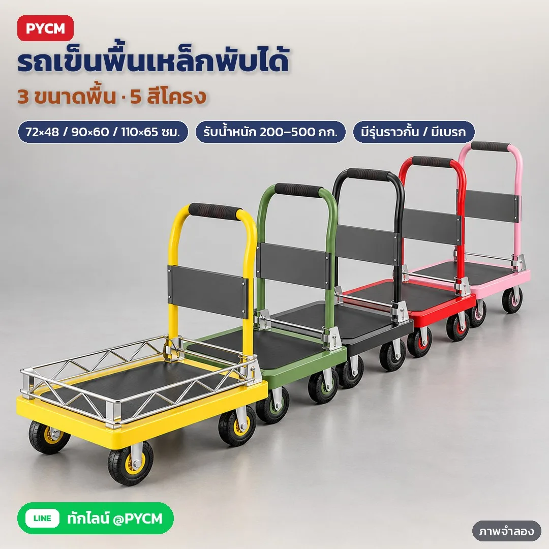 35164 รถเข็นของ รถเข็นพื้นเหล็กพับได้ 4 ล้อ 72×48 / 90×60 / 110×65 ซม. รับน้ำหนัก 200–500 กก. มีราวกั้น/เบรก 5 สี รุ่น FPT