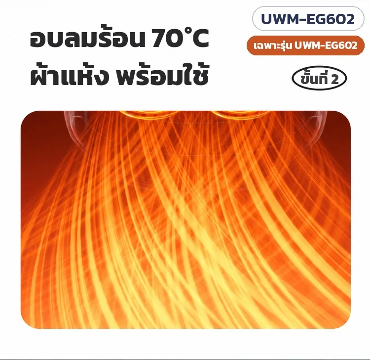 เฉพาะรุ่น UWM-EG602: อบลมร้อน 70°C ผ้าแห้ง พร้อมใช้
