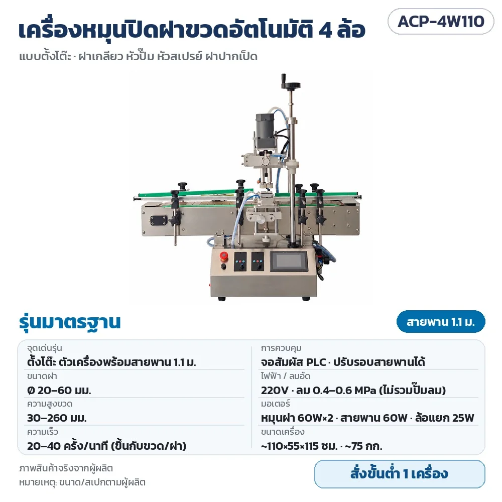 ACP-4W110 เครื่องหมุนปิดฝาขวดอัตโนมัติ 4 ล้อ ตั้งโต๊ะ รุ่นมาตรฐาน สายพาน 1.1 ม. ฝา 20–60 มม. ขวดสูง 30–260 มม. 20–40 ครั้ง/นาที จอสัมผัส PLC 220V + ลม · สั่งขั้นต่ำ 1 เครื่อง