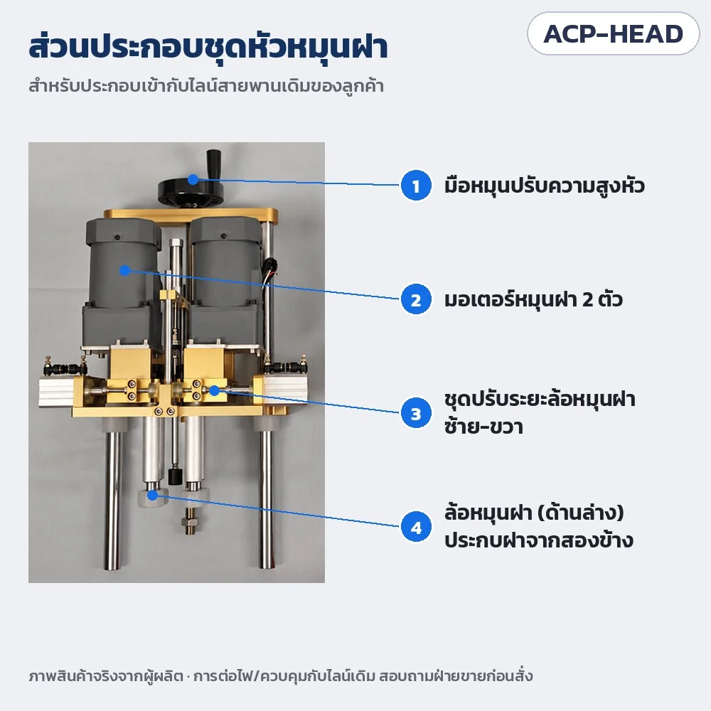 ส่วนประกอบชุดหัวหมุนฝา: มือหมุนปรับความสูง มอเตอร์หมุนฝา 2 ตัว ชุดปรับระยะล้อซ้าย-ขวา ล้อหมุนฝาด้านล่าง · การต่อไฟ/ควบคุมกับไลน์เดิม สอบถามฝ่ายขาย