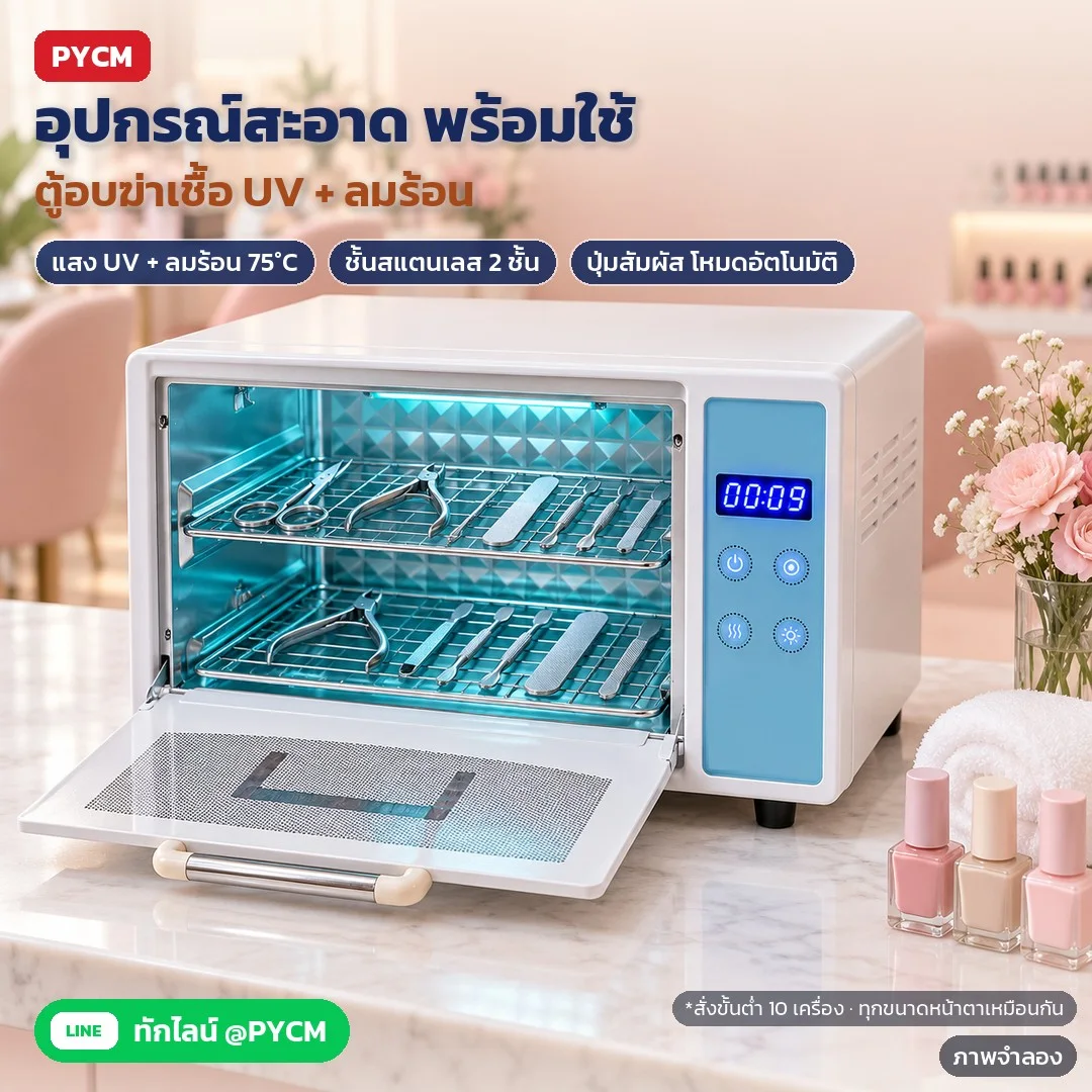 ตู้อบฆ่าเชื้ออุปกรณ์ UV + อบแห้งลมร้อน 75°C 3 ขนาด 10 / 24 / 48 ลิตร สำหรับร้านทำเล็บ ร้านเสริมสวย ร้านตัดผม รุ่น UVT