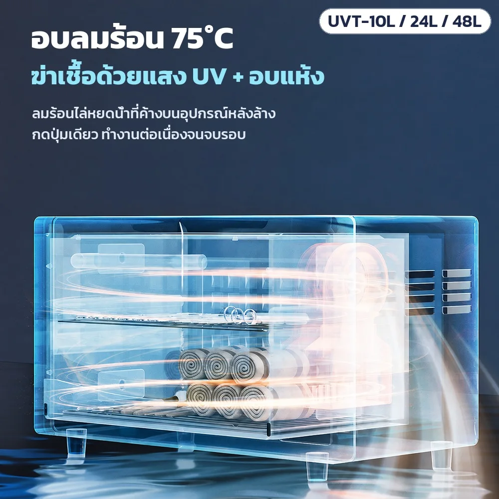 อบลมร้อน 75°C ร่วมกับแสง UV ลมร้อนไล่หยดน้ำที่ค้างบนอุปกรณ์หลังล้าง