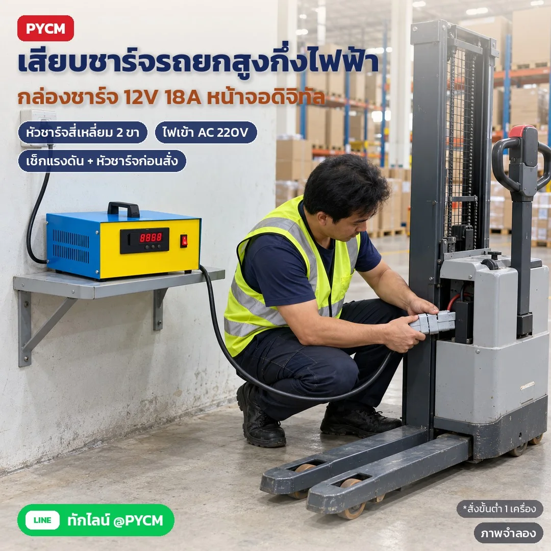 ภาพจำลองด้วย AI (ภาพประกอบ ไม่ใช่ภาพถ่ายจริง): กล่องชาร์จแบต 12V 18A (18111) สำหรับรถยกสูงกึ่งไฟฟ้า รุ่นทั่วไป กล่องเหล็กน้ำเงิน-เหลือง หน้าจอดิจิทัล ไฟเข้า AC 220V หัวชาร์จสี่เหลี่ยม 2 ขาสีเทา ก่อนสั่งเช็กแรงดันและหัวชาร์จให้ตรงรถ สั่งขั้น