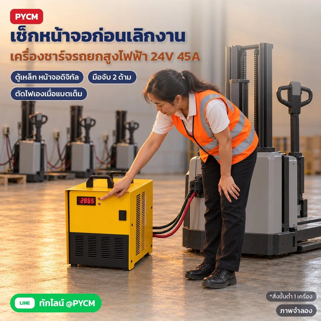 ภาพจำลองด้วย AI (ภาพประกอบ ไม่ใช่ภาพถ่ายจริง): เครื่องชาร์จ FLC-PS20 สำหรับรถยกสูงไฟฟ้า PS20 24V 45A ตู้เหล็กสีเหลือง หน้าจอดิจิทัล มือจับ 2 ด้าม สายชาร์จแดง-ดำ ตัดไฟเองเมื่อแบตเต็ม ไฟเข้าที่ต้องใช้สอบถามฝ่ายขาย สั่งขั้นต่ำ 1 เครื่อง