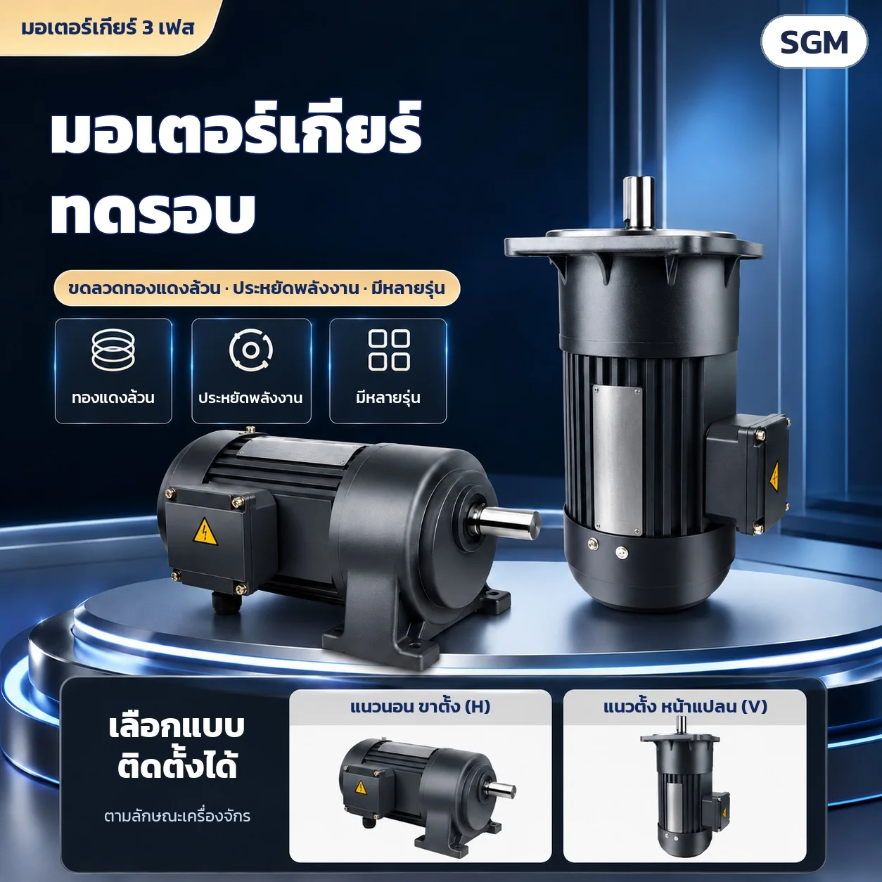 เลือกแบบติดตั้งได้ 2 แบบ: แนวนอน ขาตั้ง (H) และแนวตั้ง หน้าแปลน (V)