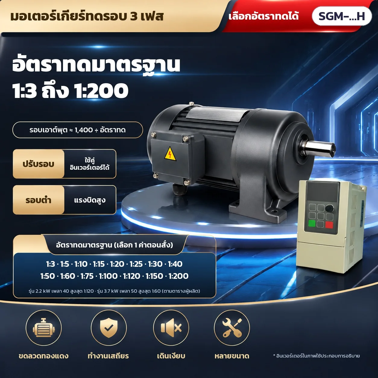 อัตราทดมาตรฐาน 1:3 ถึง 1:200 (ตามรุ่น) รอบต่ำ แรงบิดสูง ใช้คู่อินเวอร์เตอร์ปรับรอบได้ · ภาพแบบแนวนอนขาตั้ง