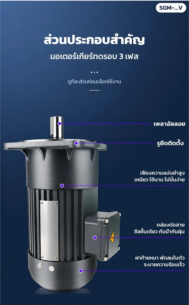 ส่วนประกอบสำคัญ: เพลาอัลลอย รูยึดติดตั้ง เฟืองความแม่นยำสูง กล่องต่อสายซีลกันน้ำกันฝุ่น ฝาท้ายหนาพร้อมพัดลมระบายความร้อน