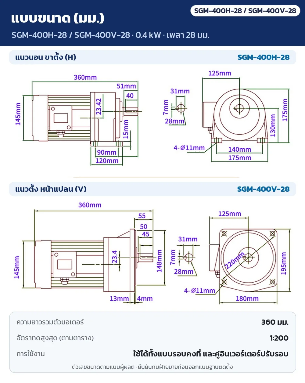 แบบขนาด SGM-400H-28 / SGM-400V-28 (0.4 kW เพลา 28 มม.) แนวนอนขาตั้งและแนวตั้งหน้าแปลน หน่วย มม. ความยาวรวมตัวมอเตอร์ 360 มม. อัตราทดสูงสุด 1:200