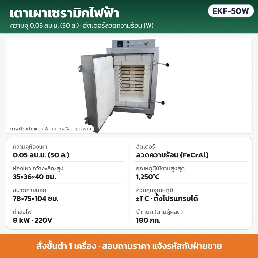 EKF-50W เตาเผาเซรามิกไฟฟ้า 0.05 ลบ.ม. (50 ลิตร) ฮีตเตอร์ลวดความร้อน (FeCrAl) 8 kW 220V ห้องเผา 35×36×40 ซม. สูงสุด 1,250°C ±1°C · สั่งขั้นต่ำ 1 เครื่อง · สอบถามราคา