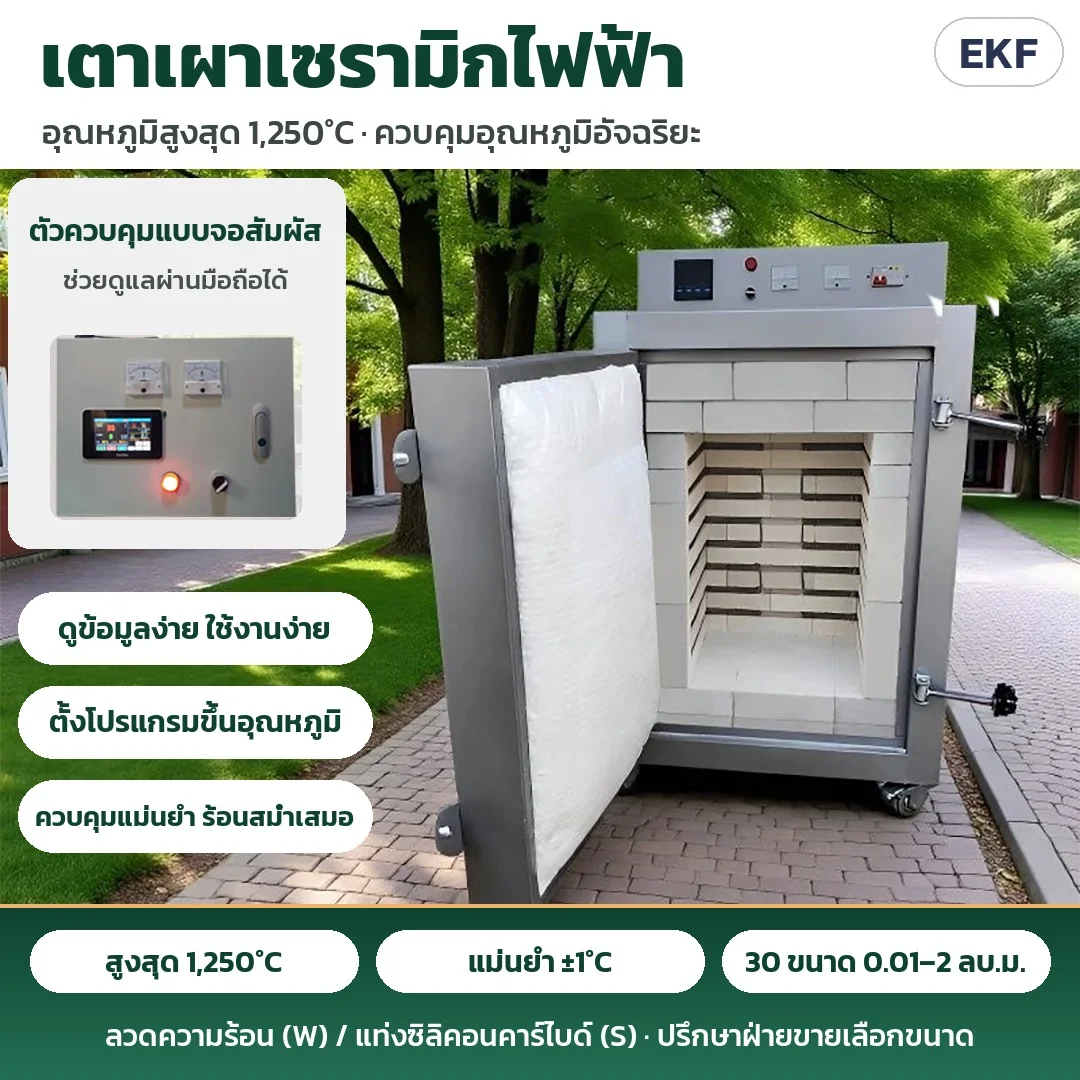 เตาเผาเซรามิกไฟฟ้า อุณหภูมิสูงสุด 1,250°C ควบคุม ±1°C มี 30 ขนาด 0.01–2 ลบ.ม. ฮีตเตอร์ลวดความร้อน (W) / แท่งซิลิคอนคาร์ไบด์ (S) ตัวควบคุมจอสัมผัส ปรึกษาฝ่ายขายเลือกขนาด