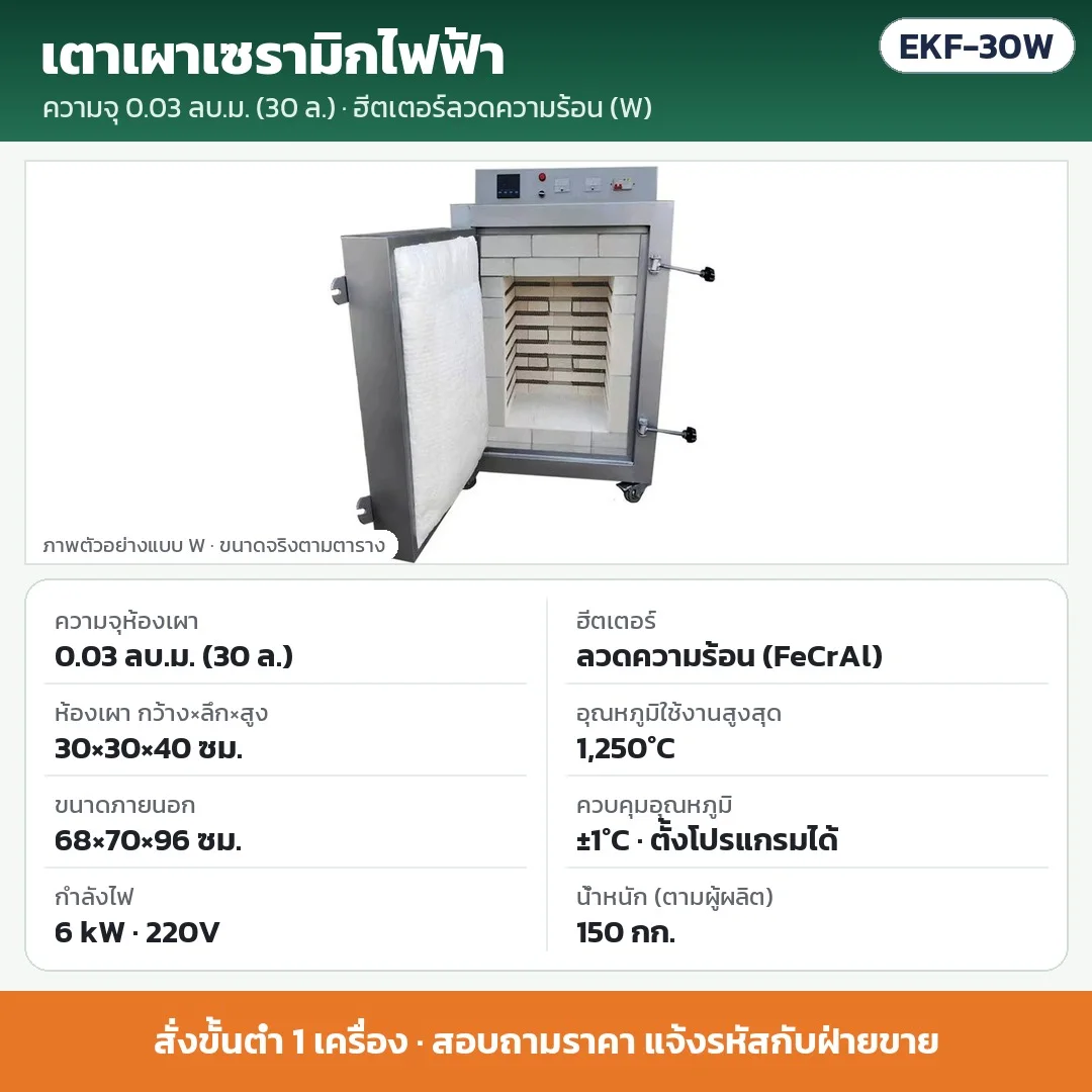 EKF-30W เตาเผาเซรามิกไฟฟ้า 0.03 ลบ.ม. (30 ลิตร) ฮีตเตอร์ลวดความร้อน (FeCrAl) 6 kW 220V ห้องเผา 30×30×40 ซม. สูงสุด 1,250°C ±1°C · สั่งขั้นต่ำ 1 เครื่อง · สอบถามราคา