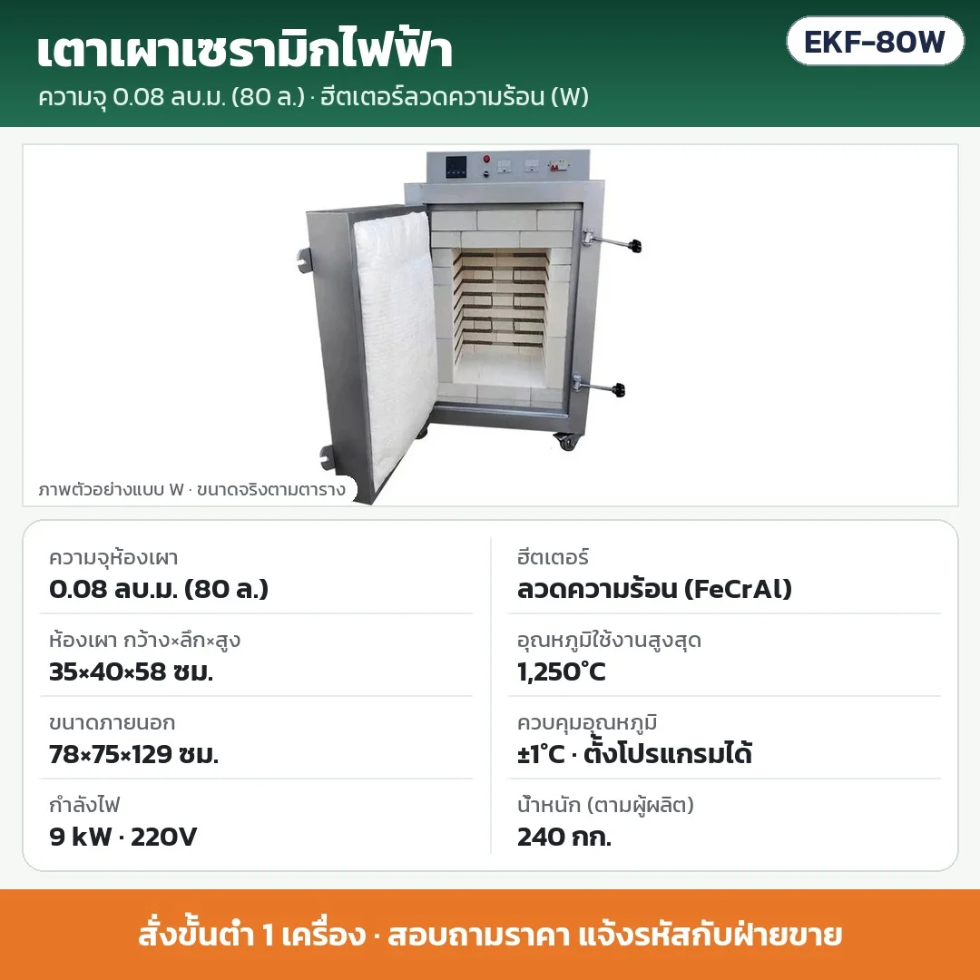 EKF-80W เตาเผาเซรามิกไฟฟ้า 0.08 ลบ.ม. (80 ลิตร) ฮีตเตอร์ลวดความร้อน (FeCrAl) 9 kW 220V ห้องเผา 35×40×58 ซม. สูงสุด 1,250°C ±1°C · สั่งขั้นต่ำ 1 เครื่อง · สอบถามราคา