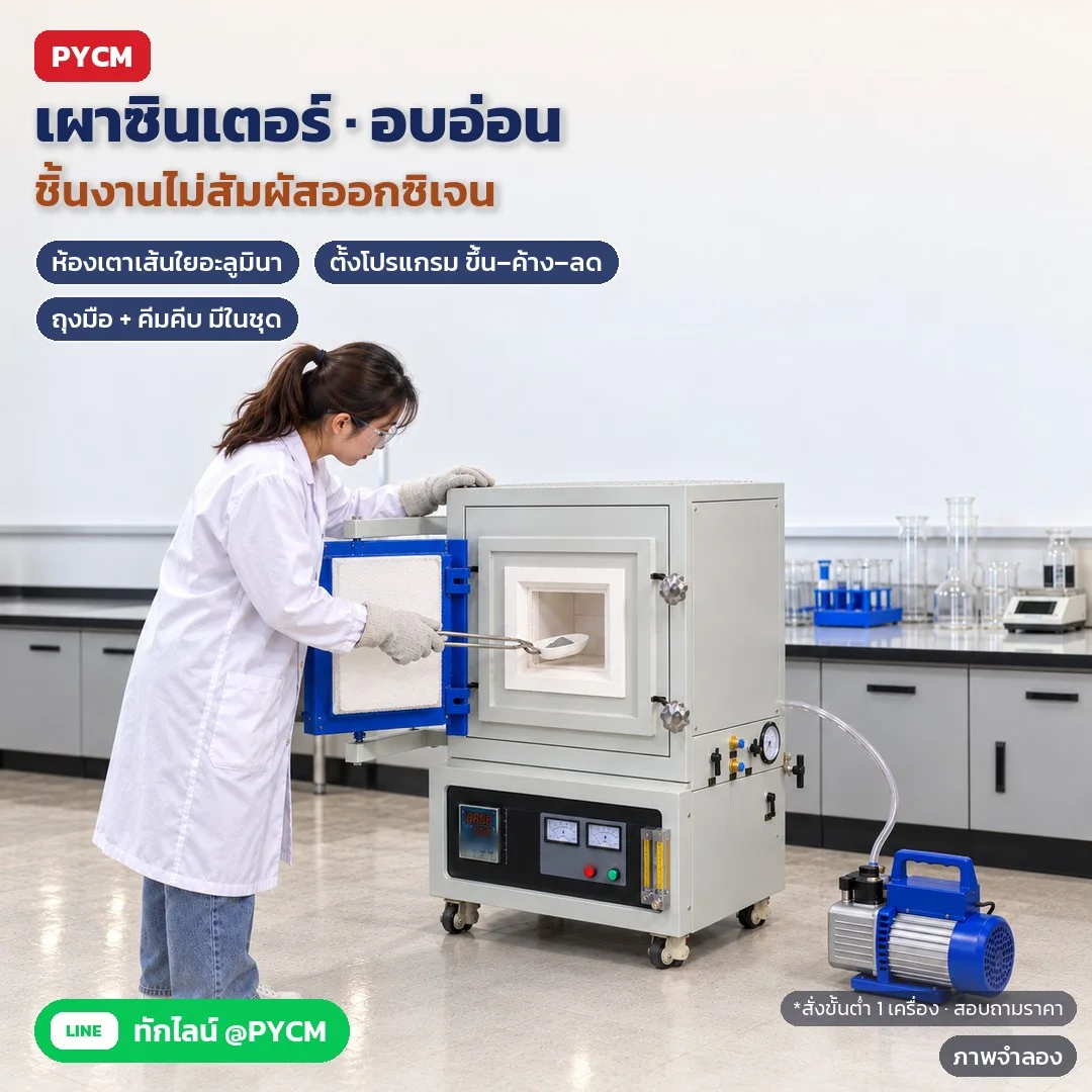 ภาพจำลองด้วย AI (ภาพประกอบ ไม่ใช่ภาพถ่ายจริง): ตัวอย่างงานแล็บวัสดุ: วางถ้วยทนไฟเข้าห้องเตาตอนเตาเย็น เผาซินเตอร์/อบอ่อนโดยชิ้นงานไม่สัมผัสออกซิเจน ตั้งโปรแกรมขึ้น–ค้าง–ลด ถุงมือกันร้อน+คีมคีบมีในชุด (ถ้วยทนไฟไม่รวม) สั่