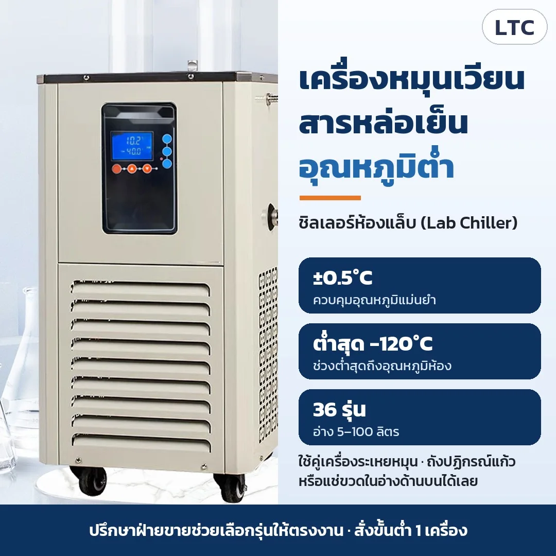เครื่องหมุนเวียนสารหล่อเย็นอุณหภูมิต่ำ ชิลเลอร์ห้องแล็บ ควบคุม ±0.5°C ต่ำสุดถึง -120°C มี 36 รุ่น อ่าง 5–100 ลิตร ใช้คู่เครื่องระเหยหมุน ถังปฏิกรณ์แก้ว หรือแช่ขวดในอ่าง