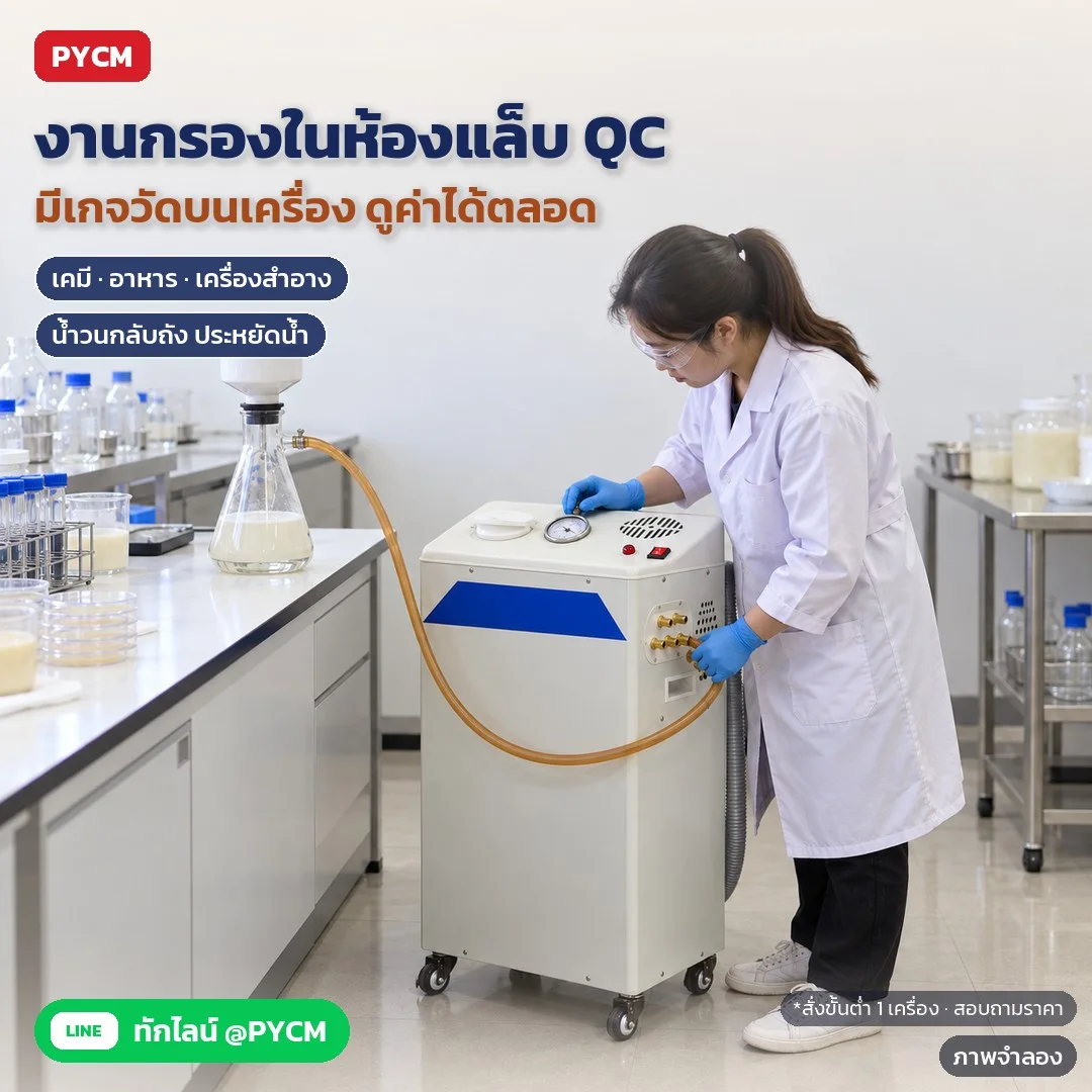 ภาพจำลองด้วย AI (ภาพประกอบ ไม่ใช่ภาพถ่ายจริง): ตัวอย่างงานห้องแล็บ QC โรงงานเคมี อาหาร เครื่องสำอาง: ต่อสายเข้าหัวดูดแล้วดูค่าที่เกจบนแผงด้านบน น้ำในถังวนกลับมาใช้ซ้ำ ประหยัดน้ำ วางพื้นข้างโต๊ะแล็บ เลื่อนย้ายด้วยล้อ สั่ง