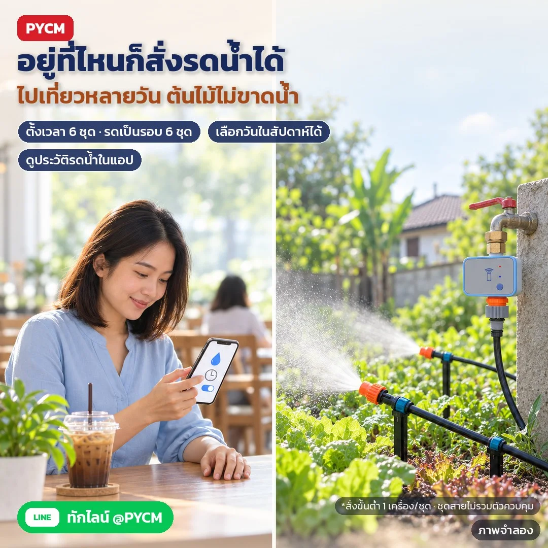 ภาพจำลองด้วย AI (ภาพประกอบ ไม่ใช่ภาพถ่ายจริง): ตัวอย่างการใช้งาน: อยู่นอกบ้านก็สั่งรดน้ำสวนผักผ่าน WiFi ได้ ตั้งเวลาได้สูงสุด 6 ชุด รดเป็นรอบได้ 6 ชุด เลือกวันในสัปดาห์ ดูประวัติในแอป สั่งขั้นต่ำ 1 เครื่อง/ชุด ชุดสายไม่ร