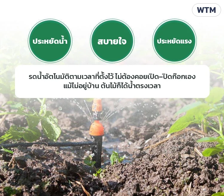 ประหยัดน้ำ สบายใจ ประหยัดแรง รดน้ำอัตโนมัติตามเวลาที่ตั้ง ไม่ต้องคอยเปิด–ปิดก๊อกเอง