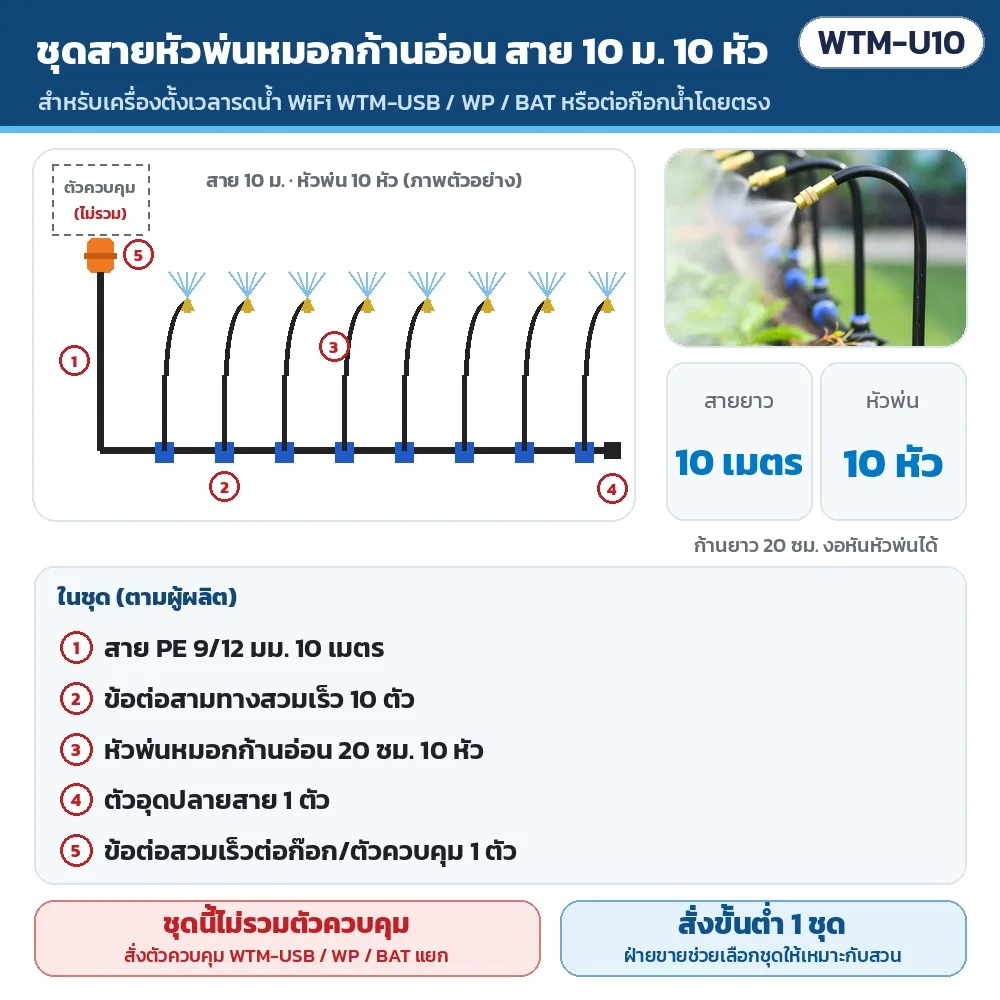 WTM-U10 ชุดสายรดน้ำหัวพ่นหมอกก้านอ่อน 10 ม. 10 หัว · ในชุด: สาย PE 9/12 มม. 10 เมตร · ข้อต่อสามทางสวมเร็ว 10 ตัว · หัวพ่นหมอกก้านอ่อน 20 ซม. 10 หัว · ตัวอุดปลายสาย 1 ตัว · ข้อต่อต่อก๊อก/ตัวควบคุม 1 ตัว · ชุดนี้ไม่รวมตัวค