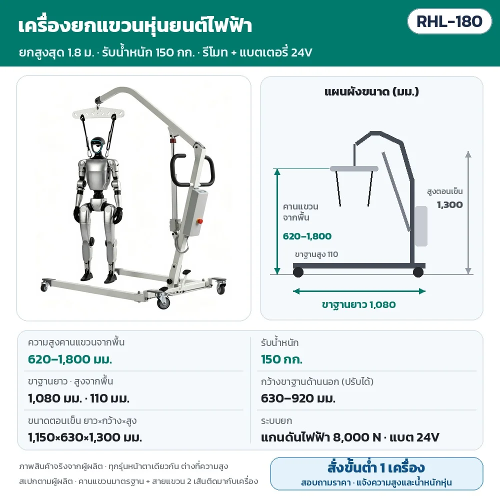 RHL-180 เครื่องยกแขวนหุ่นยนต์ฮิวแมนนอยด์ไฟฟ้า คานแขวนจากพื้น 620–1,800 มม. รับน้ำหนัก 150 กก. ขาฐานยาว 1,080 มม. กว้างขาฐานด้านนอก 630–920 มม. ขนาดตอนเข็น 1,150×630×1,300 มม. แกนดันไฟฟ้า 8,000 N แบต 24V · สั่งขั้นต่ำ 1 เ