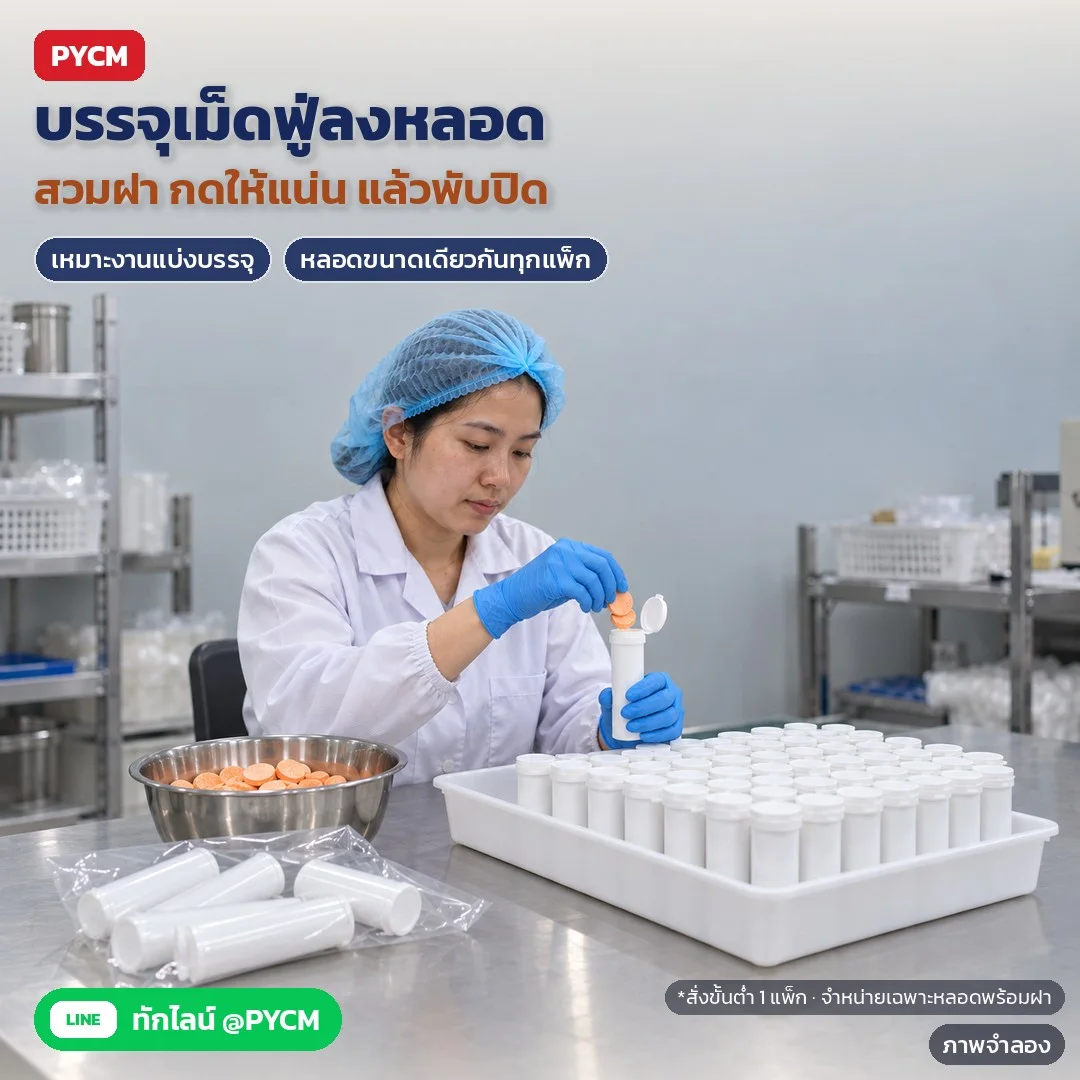 ภาพจำลองด้วย AI (ภาพประกอบ ไม่ใช่ภาพถ่ายจริง): ตัวอย่างการใช้งาน: บรรจุเม็ดฟู่ลงหลอด สวมฝา กดให้แน่น แล้วพับปิด เหมาะกับงานแบ่งบรรจุ หลอดขนาดเดียวกันทุกแพ็ก สั่งขั้นต่ำ 1 แพ็ก (แพ็ก 10 / 100 / 500 ใบ) จำหน่ายเฉพาะหลอดพร้