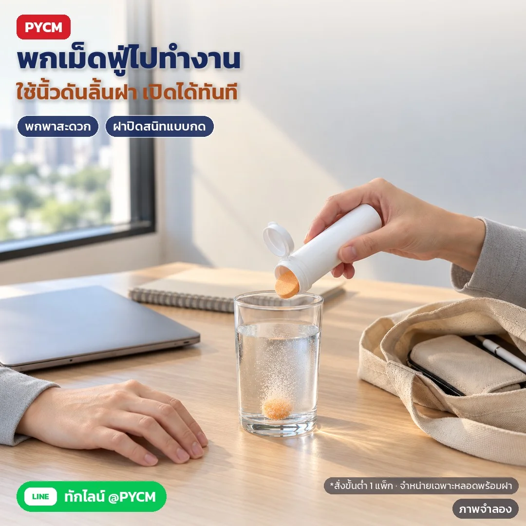 ภาพจำลองด้วย AI (ภาพประกอบ ไม่ใช่ภาพถ่ายจริง): ตัวอย่างการใช้งาน: พกเม็ดฟู่ไปทำงาน ใช้นิ้วดันลิ้นฝาเพื่อเปิด ฝาปิดสนิทแบบกด สั่งขั้นต่ำ 1 แพ็ก (แพ็ก 10 / 100 / 500 ใบ) จำหน่ายเฉพาะหลอดพร้อมฝา