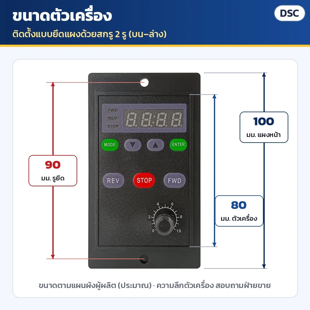 ขนาดตัวเครื่อง (ประมาณ ตามแผนผังผู้ผลิต): แผงหน้าสูง 100 มม. · ระยะรูยึดบน–ล่าง 90 มม. · ตัวเครื่อง 80 มม. · ยึดแผงด้วยสกรู 2 รู · ความลึกสอบถามฝ่ายขาย