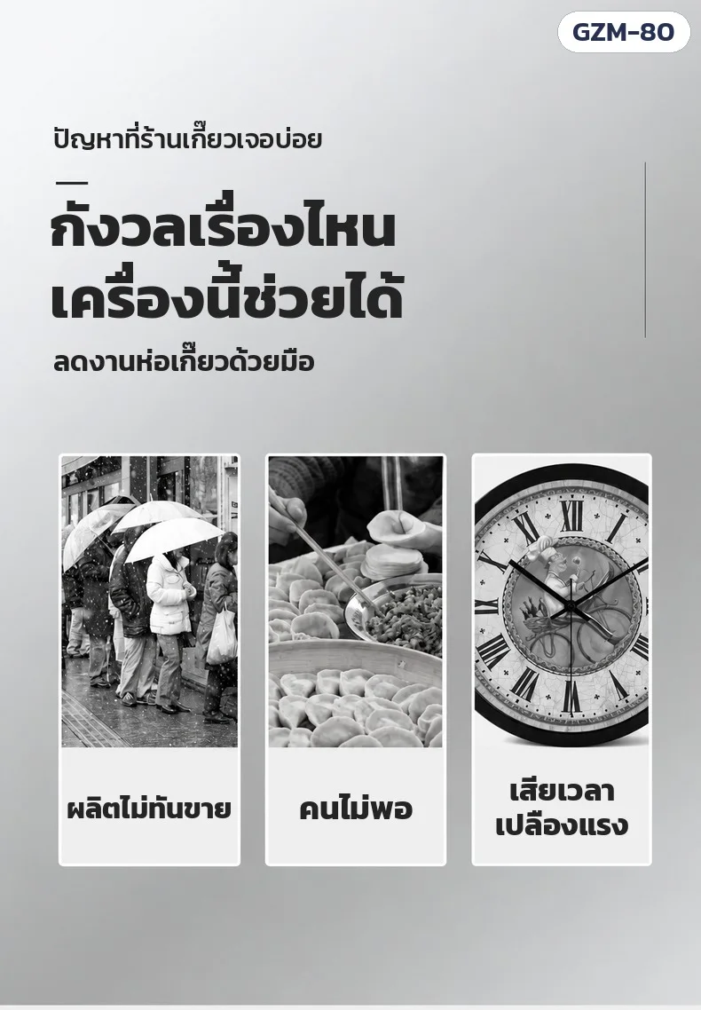 ช่วยแก้ปัญหาร้านเกี๊ยว: ผลิตไม่ทันขาย · คนไม่พอ · ห่อมือเสียเวลาและแรงงาน