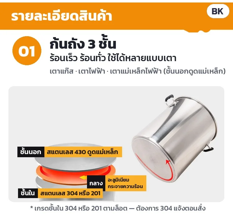 ก้นถัง 3 ชั้น: ชั้นนอกสแตนเลส 430 ดูดแม่เหล็ก · ชั้นกลางอะลูมิเนียมกระจายความร้อน · ชั้นในสแตนเลส 304 หรือ 201 ตามล็อต (ต้องการ 304 แจ้งตอนสั่ง) · ใช้ได้กับเตาแก๊ส เตาไฟฟ้า เตาแม่เหล็กไฟฟ้า