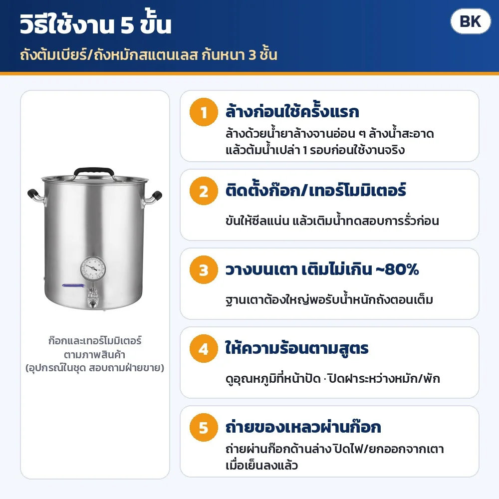 วิธีใช้งาน 5 ขั้น: ล้างและต้มน้ำเปล่า 1 รอบก่อนใช้ → ติดตั้งก๊อก/เทอร์โมมิเตอร์ ทดสอบรั่ว → วางบนเตา เติมไม่เกิน ~80% → ให้ความร้อนตามสูตร ดูหน้าปัด → ถ่ายของเหลวผ่านก๊อก