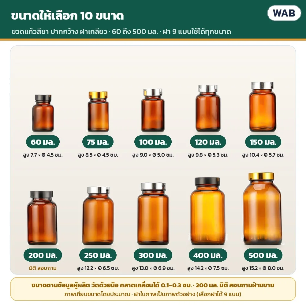 ขวดแก้วสีชา ปากกว้าง WAB มีให้เลือก 10 ขนาด: 60 / 75 / 100 / 120 / 150 / 200 / 250 / 300 / 400 / 500 มล. พร้อมความสูง × เส้นผ่านศูนย์กลางตามข้อมูลผู้ผลิต (วัดมือ คลาดเคลื่อนได้เล็กน้อย) · 200 มล. มิติสอบถามฝ่ายขาย